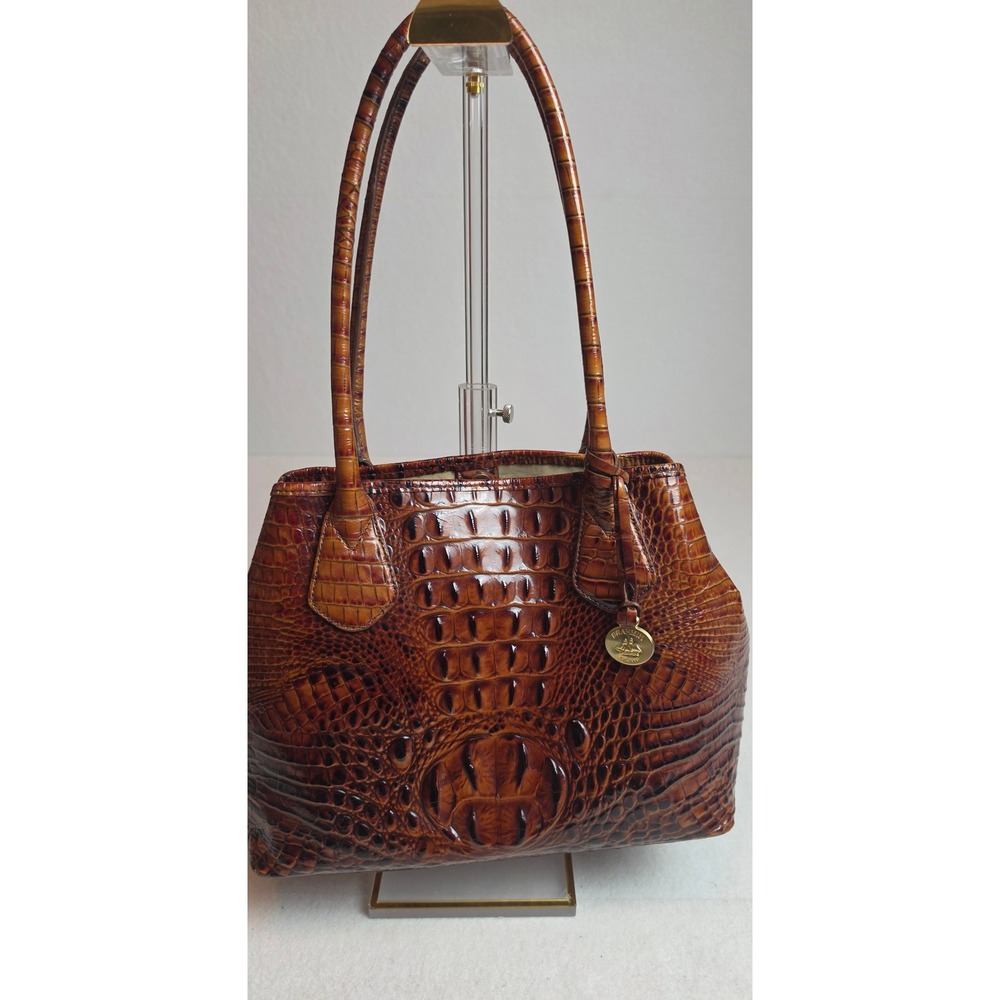 Vintage Brahmin Cognac Brown Croc Embossed Leather Shoulder Bag Tote 90s